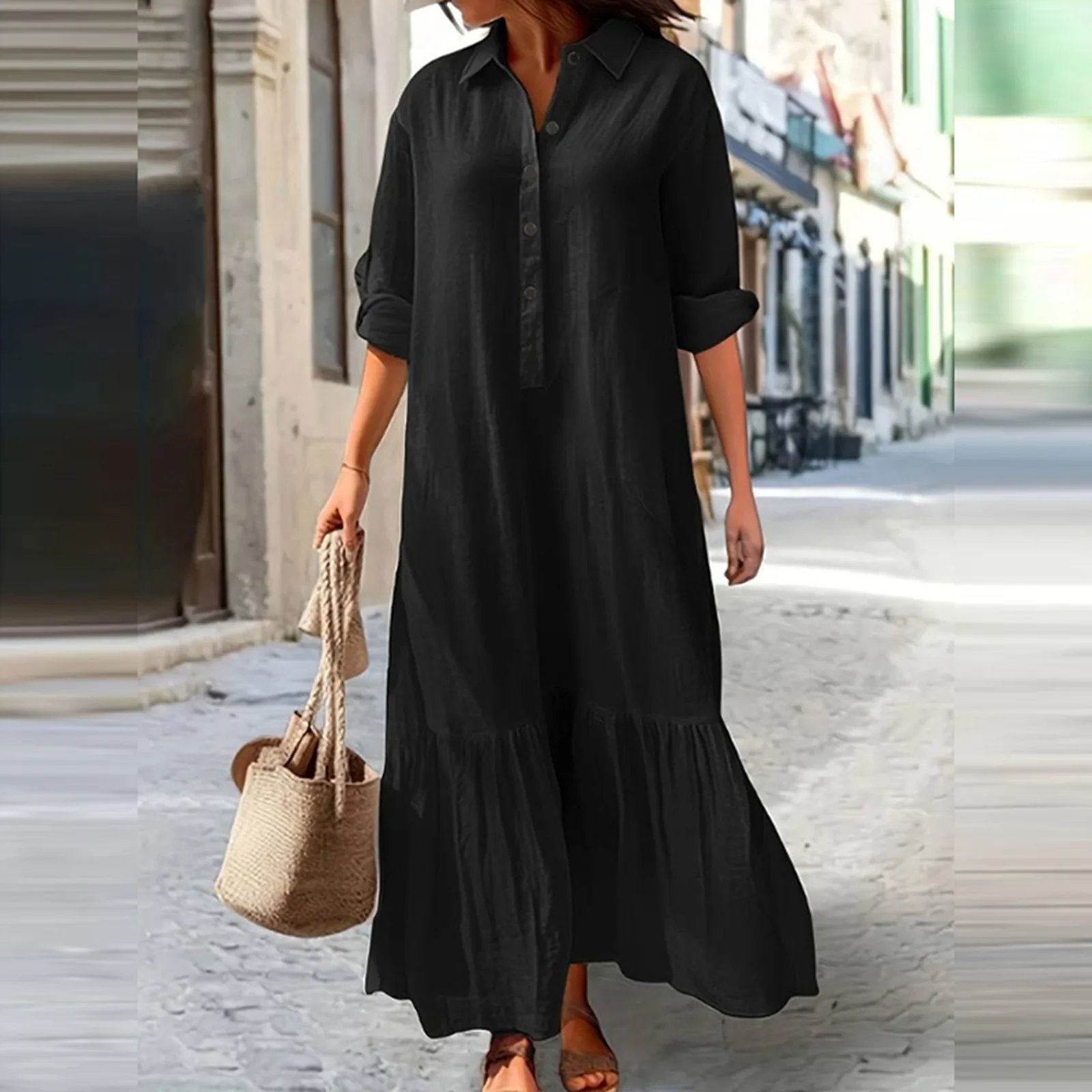 

women's casual shirt long dress summer turndown collar full sleeve solid color maxi dress ladies fashion button loose dresses