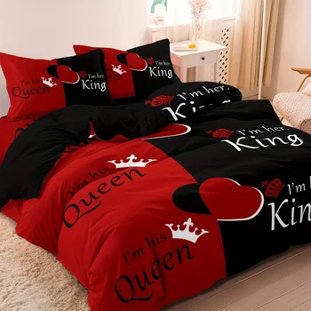 Dark Red & Black 3-Piece Bedding Set – Queen & King Letter Print 1