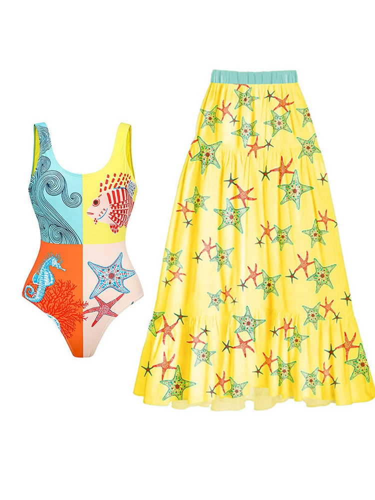 

Yellow Cute Color Block Women's Swimsuit 2023 New High Waisted Sexy Backless One Piece Swimwear with Fashion Printed Wrap Skirt
