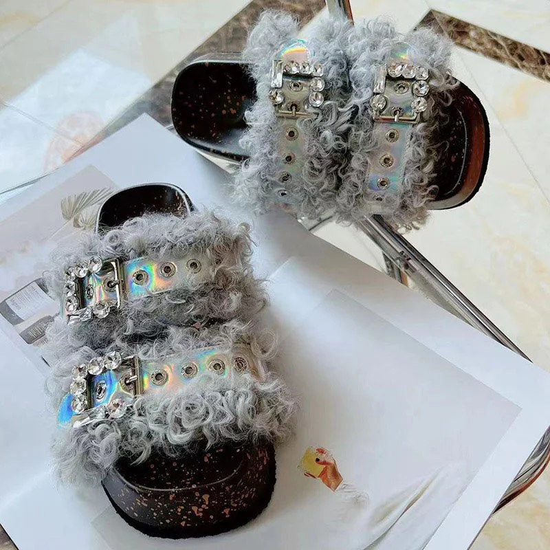 Autumn European Station New Women's Casual Slippers Korean Version Of The Trend Wool Rhinestone Home Fashion Fur Sandals 2023