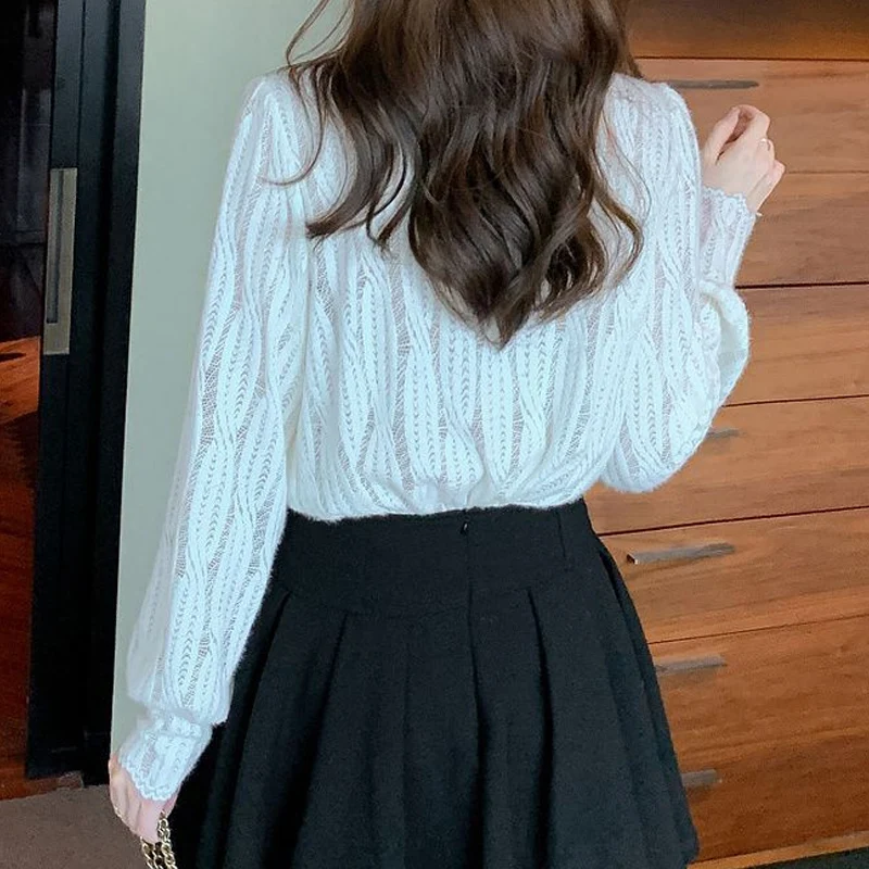 Autumn Winter New Solid Color Fashion Long Sleeve Shirt Woman High Street Casual Slim Button Thicken Edible Tree Fungus Pullover