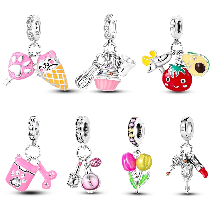 

Fit Pandora 925 Original Bracelet Real 925 Sterling Silver Lipstick Perfume Mirror Tulip Charm Bead For Women Mother's Day Gift