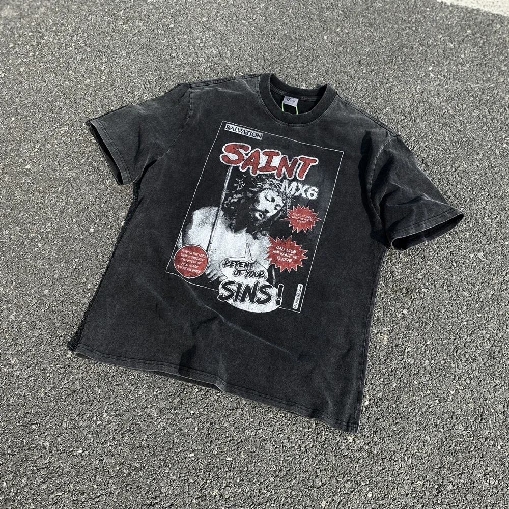 

Retro pattern printed loose oversized vintage clothing T-shirt top for men's T-shirt unisex SAINT MICHAEL street clothing