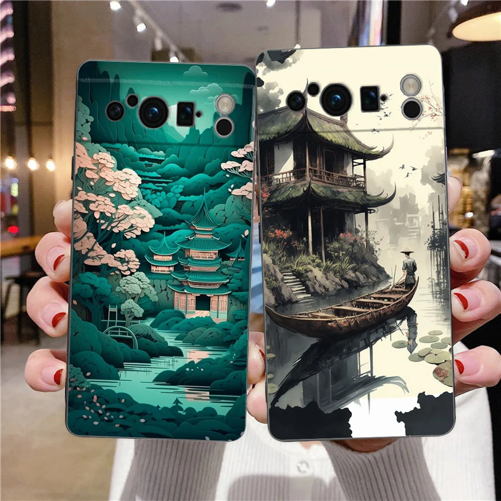 Japanese Landscape Design Shockproof Black Silicone Phone Case