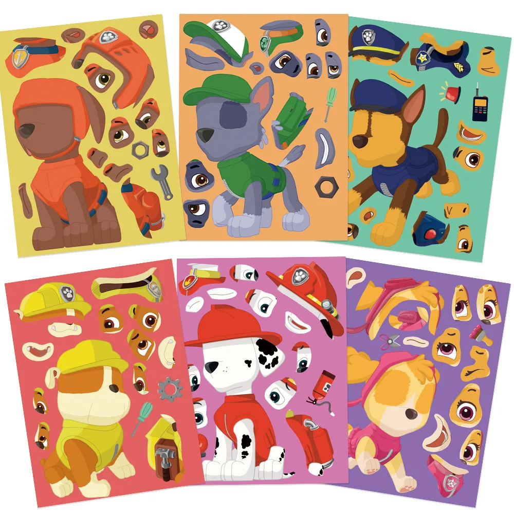 6pcs/set Paw Patrol Theme Make A Face Sticker Toys Anime Figure Chase Marshall Rubble Cute Diy Handmade Puzzle Children Gifts