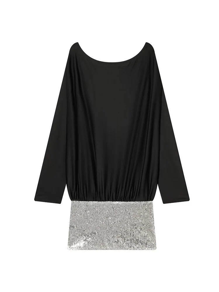 Sexy Sequin Mini Dress For Fashion O-neck Long Sleeve Slim Spliced Streetwear Spring New Ladies Leisure Holiday Clothes