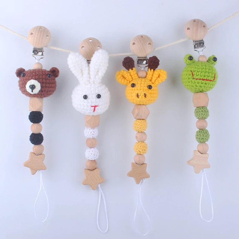 

Мультяшные трикотажные строительные цепочки, деревянные зажимы для соски ручной работы, безопасная цепочка для маленьких девочек и мальчиков, Экологически чистая цепочка-держатель