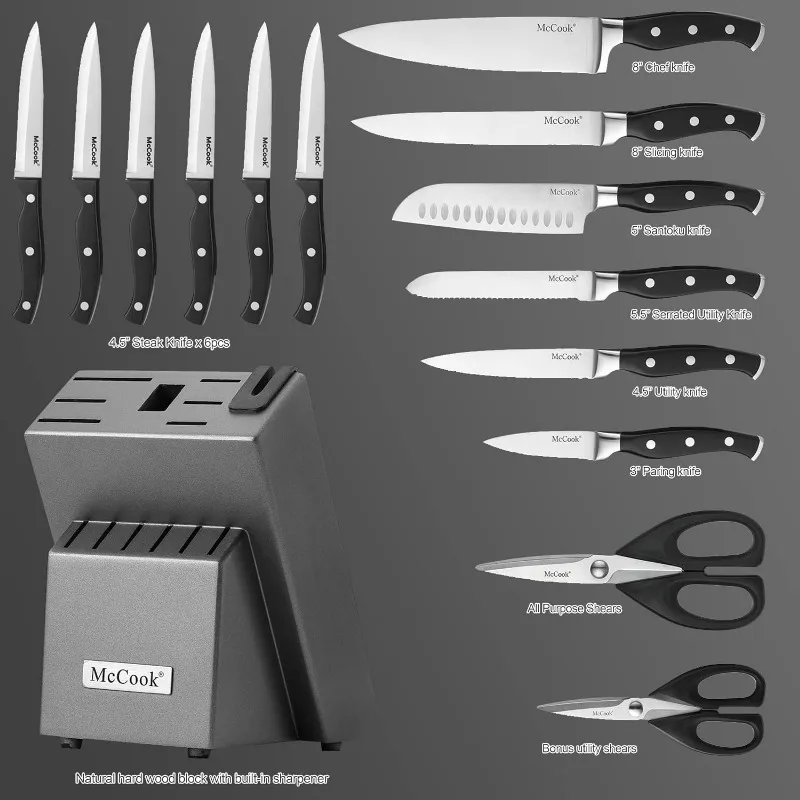 Knife Sets,McCook Mc65g 20 Piece German Stainless Steel Forged Kitchen Knife Block Set, Cutlery Set with Gray Block, Black