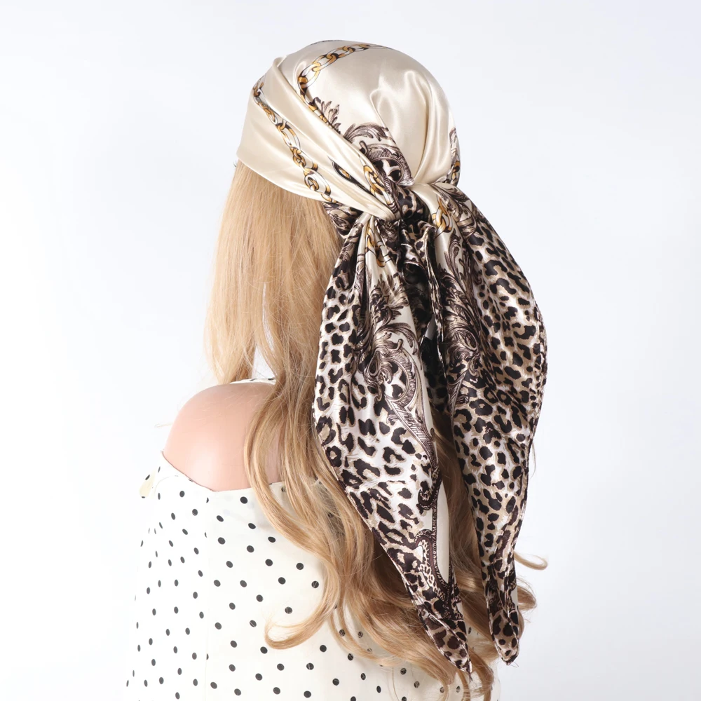 Leopard Silk Scarf Women Summer Beach Vacation Foulard Soft Satin Shawl Kerchief Square Scarfs Neck Headscarf 90*90cm 3