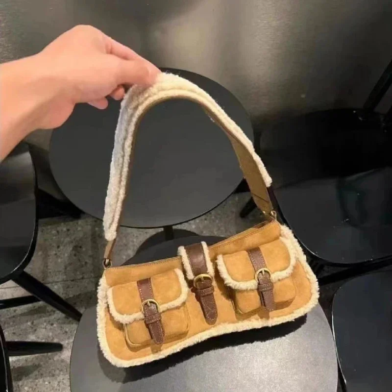 

Y2K Korean Harajuku Vintage Plush Brown Buckle Bag Elegant Aesthetic Purse Handbags Shoulder Baguette Top Handle Tote Bags Women