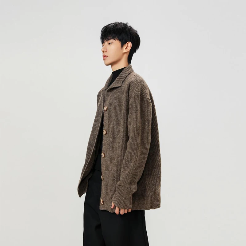 패셔너블한 하이 칼라 남성 니트웨어 루즈 캐주얼 스웨터 솔리드 컬러 오픈 가디건 스포츠 레저 가을 겨울 의류