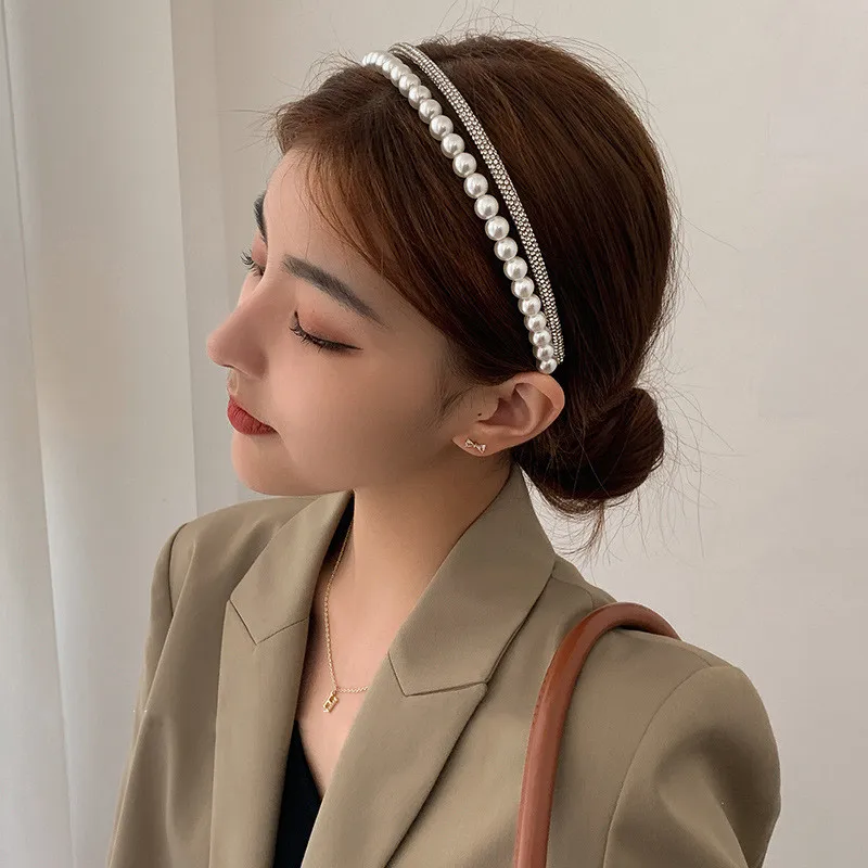 Fashion Luxury Shining Rhinestone Simulated-pearl Hairband Party Double Layer Headband Women Vintage Elegant Hair Hoop Headwrap