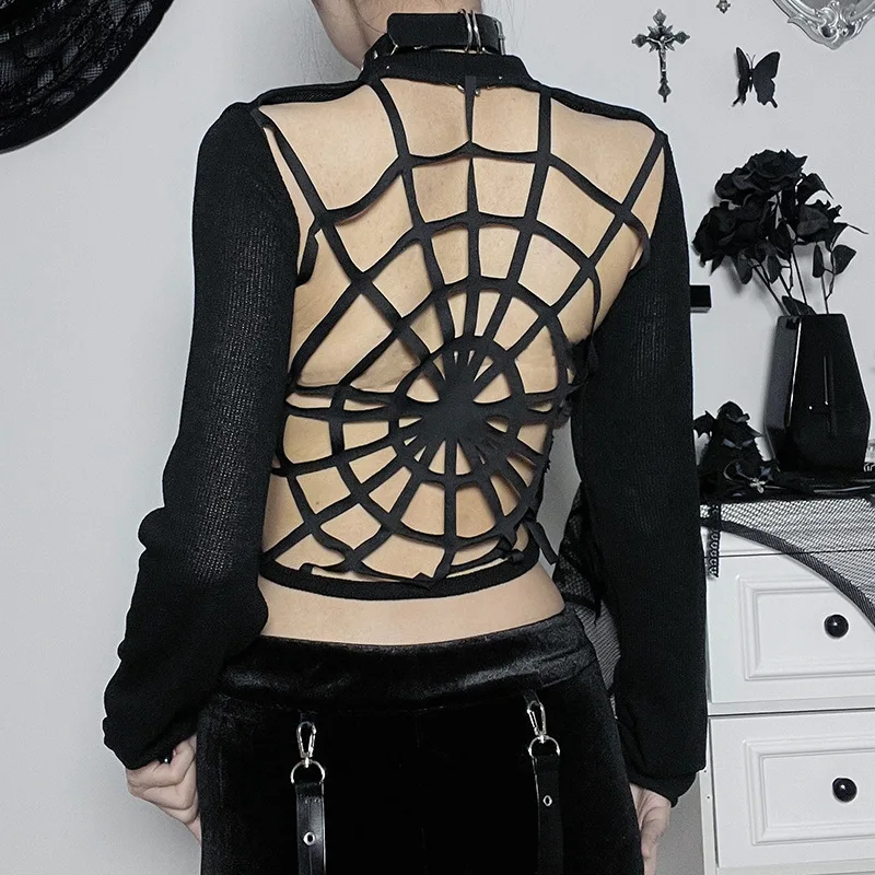 2023 New Gothic Vintage Dark Round Neck Solid Versatile Short T-Shirts Harajuku Retro Sexy Slim Back Spider Web Long Sleeve Tops