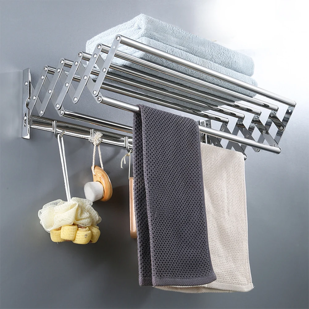 Wall Mounted Clothes Drying Rack 7 Rods 5 Hooks Retractable Collapsible Laundry Drying Rack Wall for Bathroom/Tower