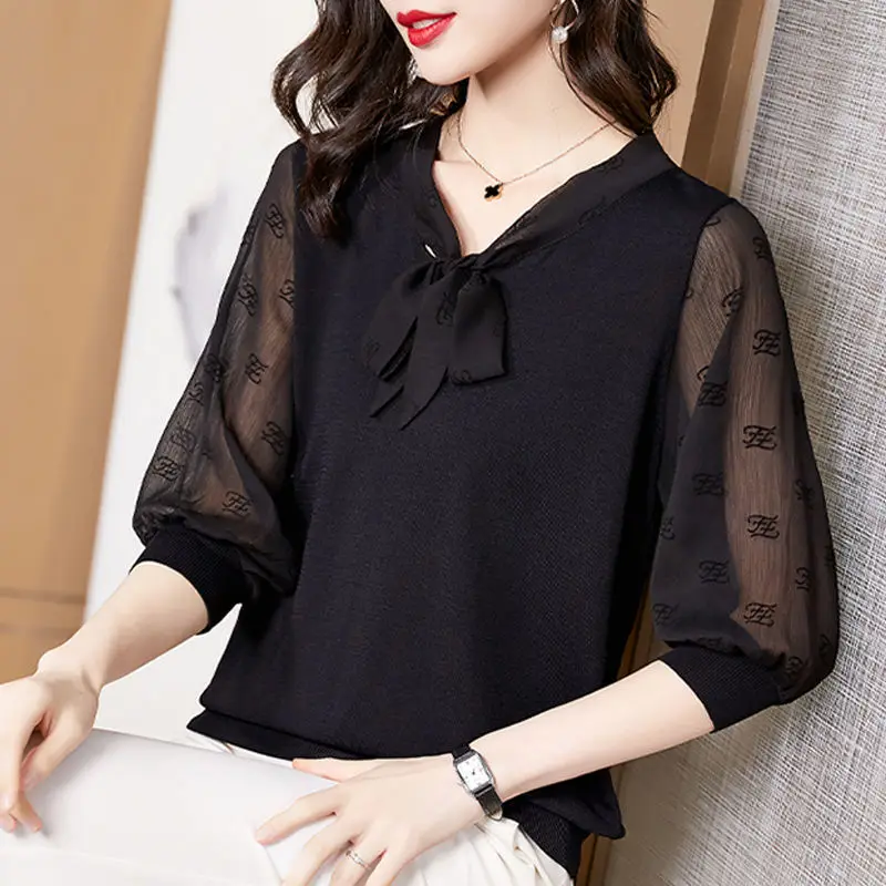 Women's Shirt Fashion Solid Color Scarf Collar Blouse 2023 Summer Office Lady Casual Loose Gauze Patchwork Elegant Tops Female