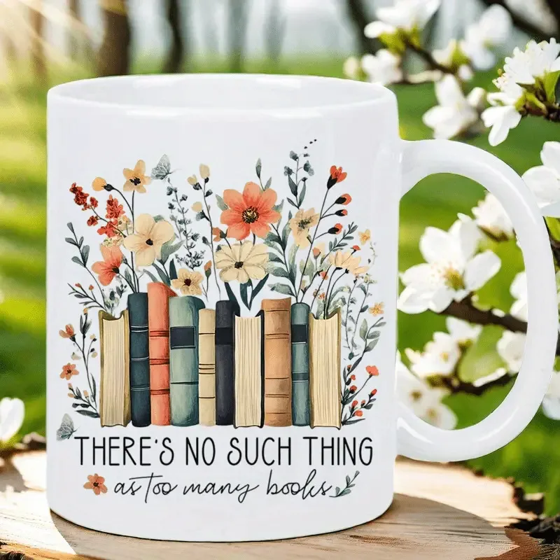 Keramikbecher-Bücherregal & Zitat „Es gibt nie zu viele Bücher“ – Weiße Kaffeetasse mit mehrfarbigem Blumenmuster_voghion.com