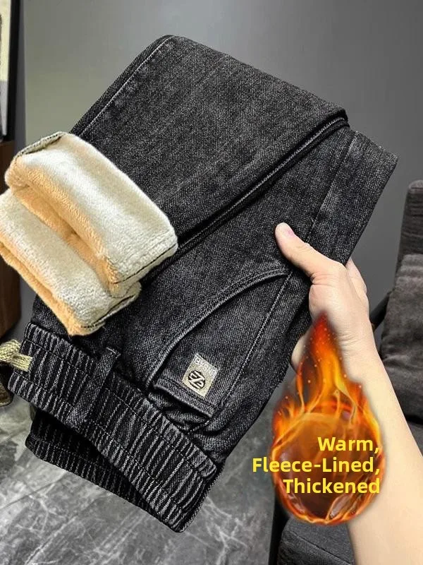 Men's Casual Elastic Waist Fce Lined Straight Leg Jeans Premium Denim Winter Warm Trendy Youth Long Trousers