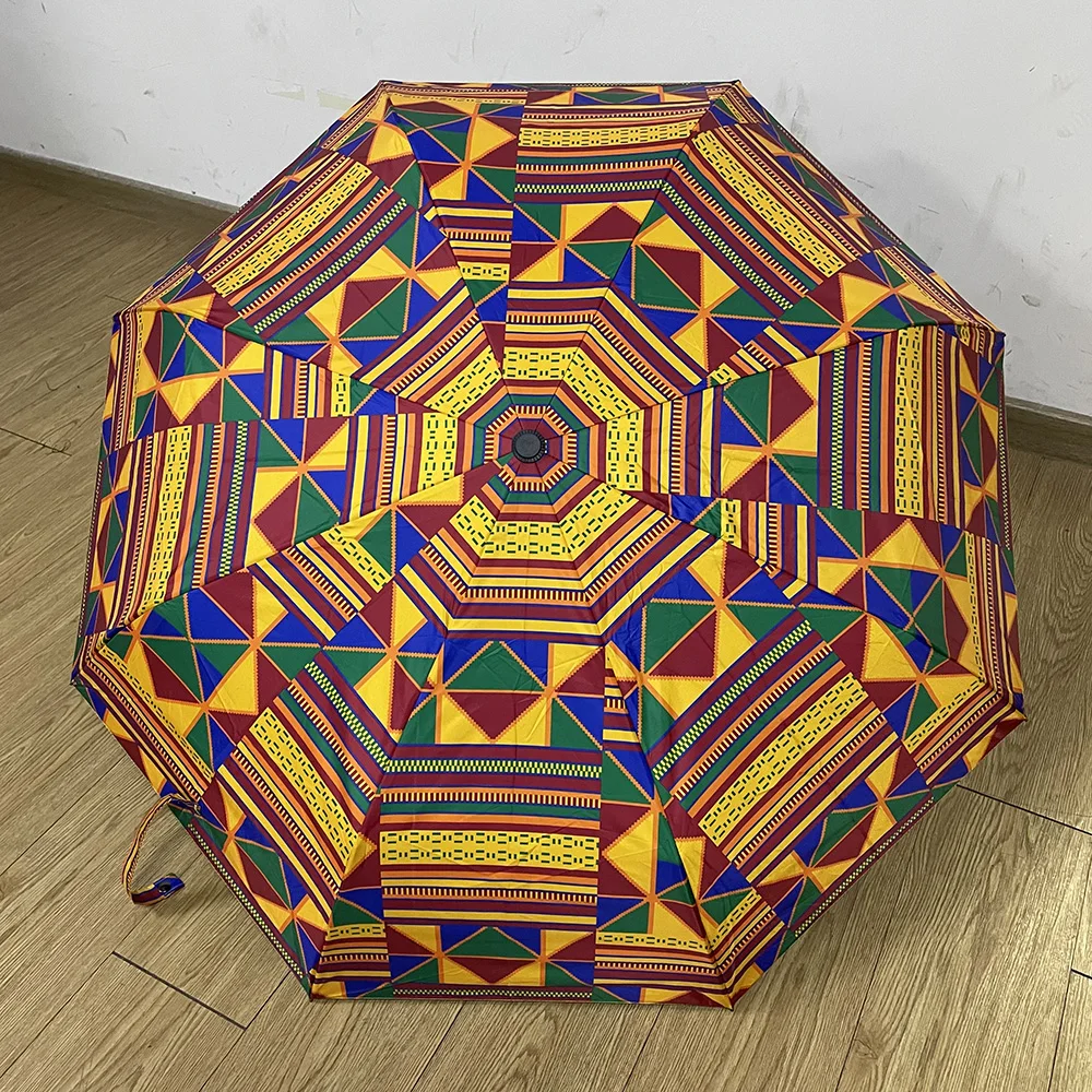 African Women Windproof Uv Ankara Print Umbrellas Three Folding
