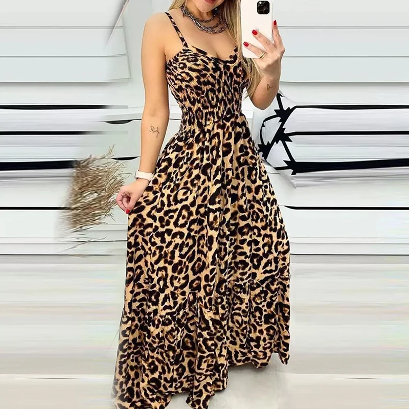 

Summer Women's Leopard V-neck Suspender Dress Bohemian Style High Waist Sexy Temperament Fashion Dress Holiday Party Sundress