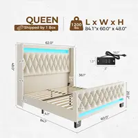 Queen Bed Frame with LED Light and Charging Station, Upholstered High Headboard and Footboard, Wood Slats, Noise Free 2