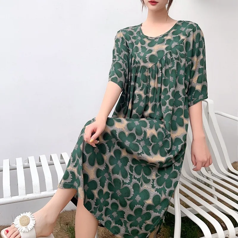 

2023 Summer New Nightdress Loose Plus Size Homewear Cotton Round Neck Printed Pajamas Dress Can Be Worn Outside Pijamas Women