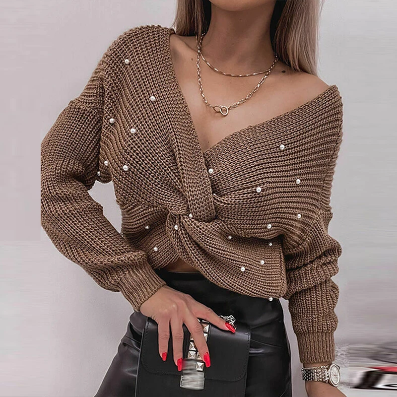 

Sexy Crochet V-Neck Long Sleeve Party Pullover Tops Ladies New Peal Beaded Sweaters Winter Fashion Twist Knitted Women Sweater