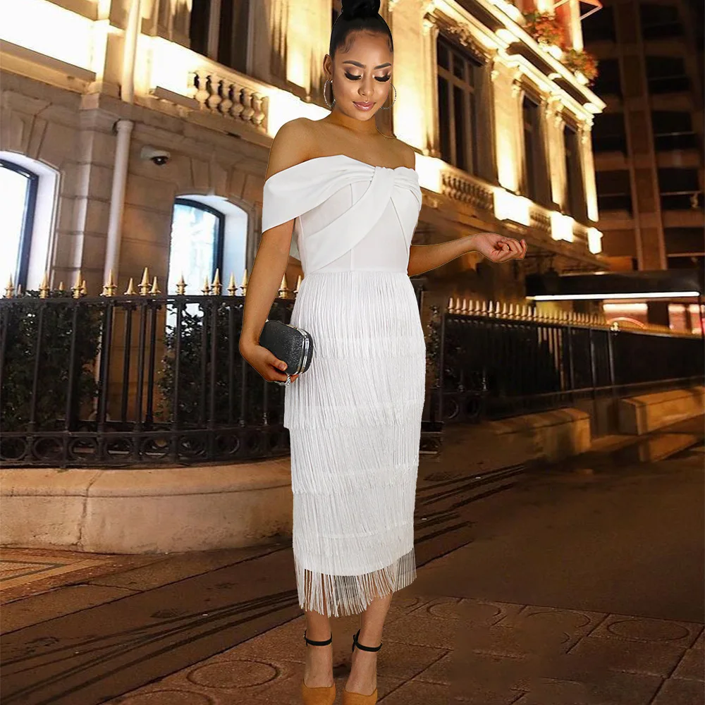 

Summer 2023 Summer Fashion Plus Size New White Tassel Sexy One Line Shoulder Bag Hip Dress Women's Evening Dress