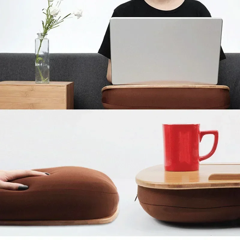 새로운 업그레이드 대나무 무릎 무릎 책상 카드 슬롯 및 컵 홀더 태블릿 트레이 컴퓨터 책상 노트북 스탠드 편리한 베개 탭