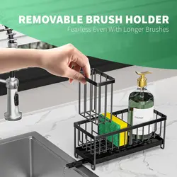 Kitchen Sink Caddy Sponge Holder with High Brush Holder Organzier Rustproof Steel Dish Organizer Divider Soap Dispenser Storage