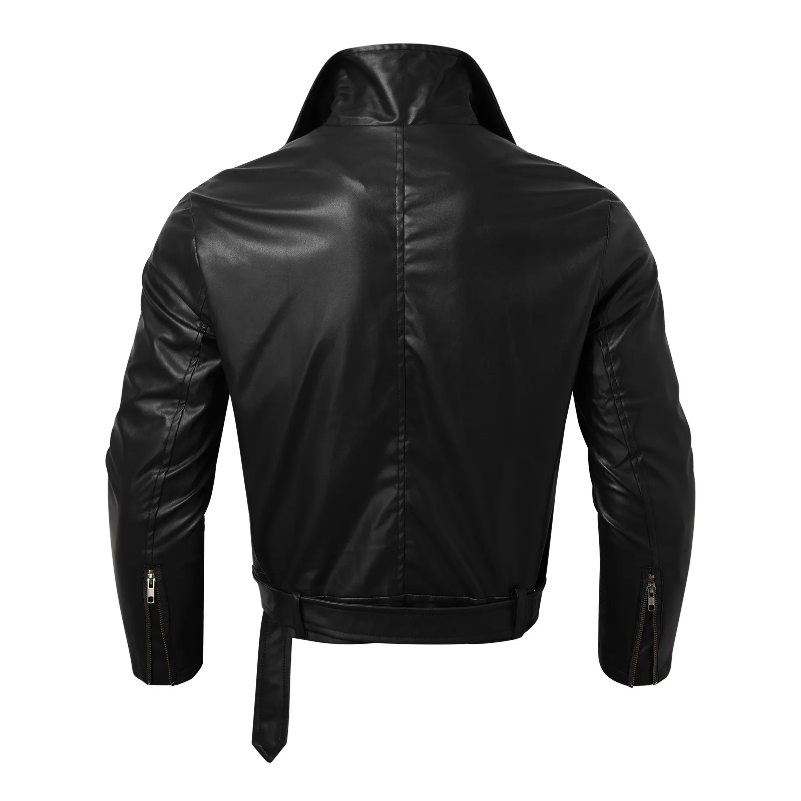 Pu Leather Stylish Jacket Mens' Autumn Winter Outwear Motorcycle Riding Jacket Zipper Drawstring Belt Windproof Rain Coat 3