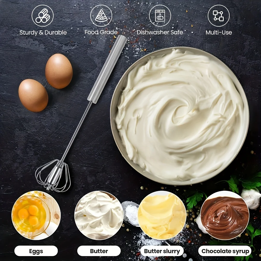 Frusta per uova in acciaio inox, resistente e semiautomatica, ideale per mescolare, sbattere e montare uova e panna senza sforzo, perfetta per la cucina e la pasticceria._voghion.com