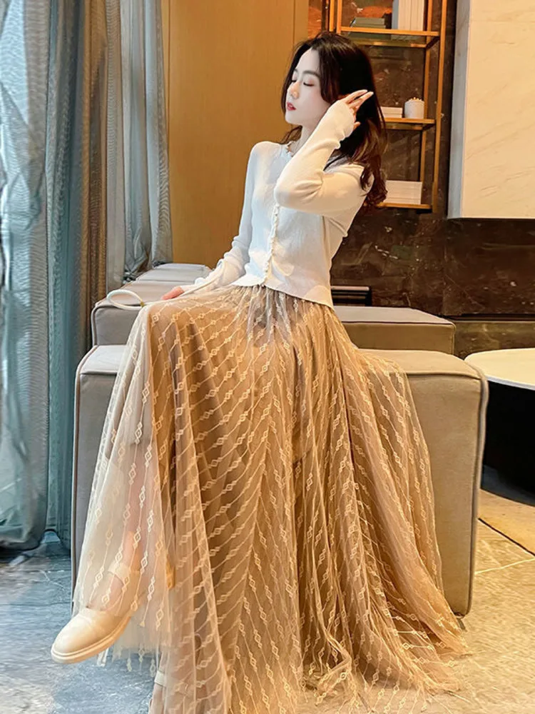

Women Maxi Tulle Skirt 2023 Summer Korean Sweet Beach Holiday Floral Print A Line High Waist Long Mesh Skirt Female