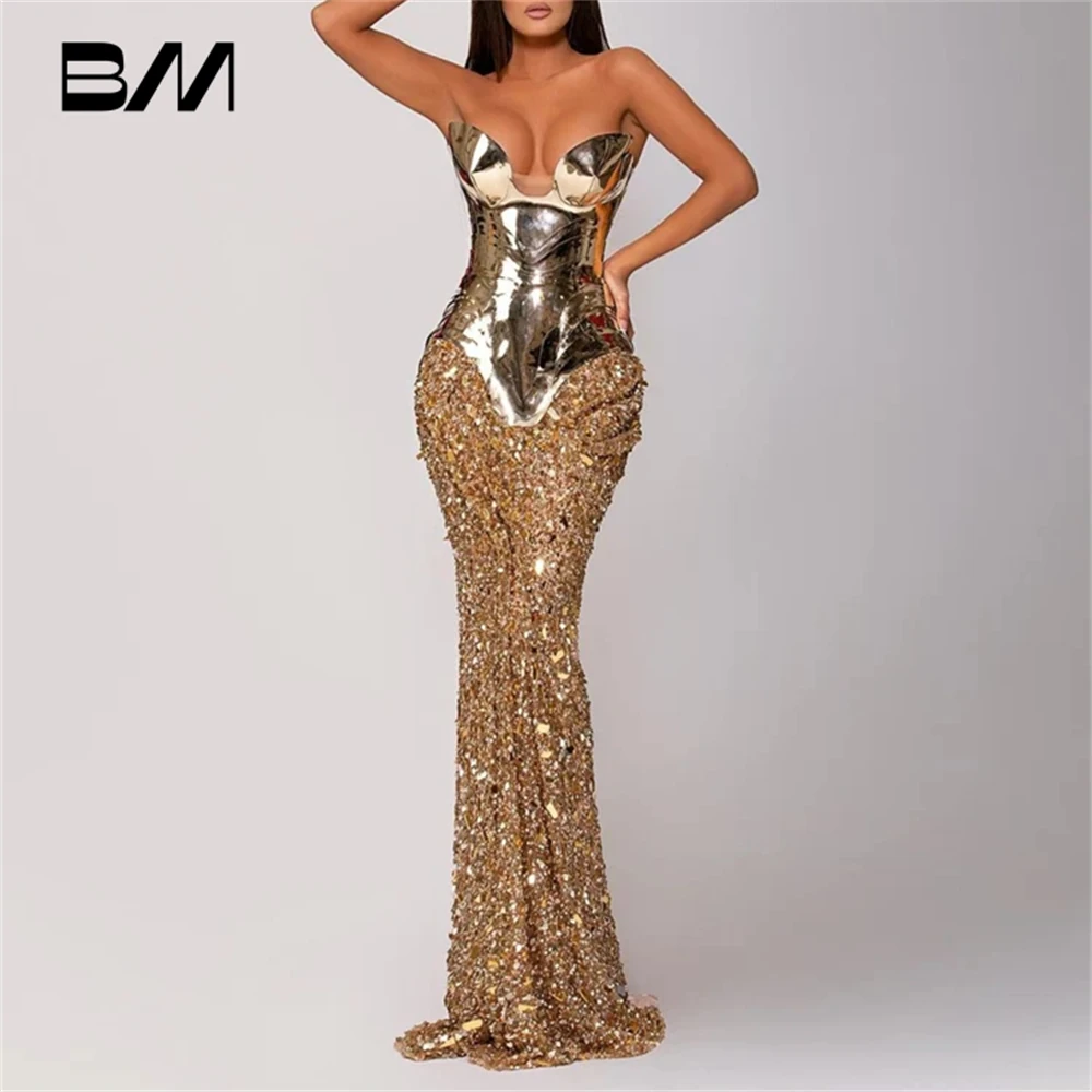 

Gold Modern Women Evening Dress Strapless Sequined Mermaid Long Prom Dresses Metal Color Party Gown Sexy Backless Robe De Soriee