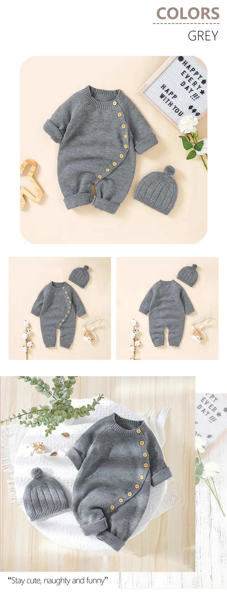 Baby Rompers Clothes Spring Autumn Solid Full Sleeve Knitted Newborn Infant Boys Girls Jumpsuits Hats Outfits Sets 0-18m Costume