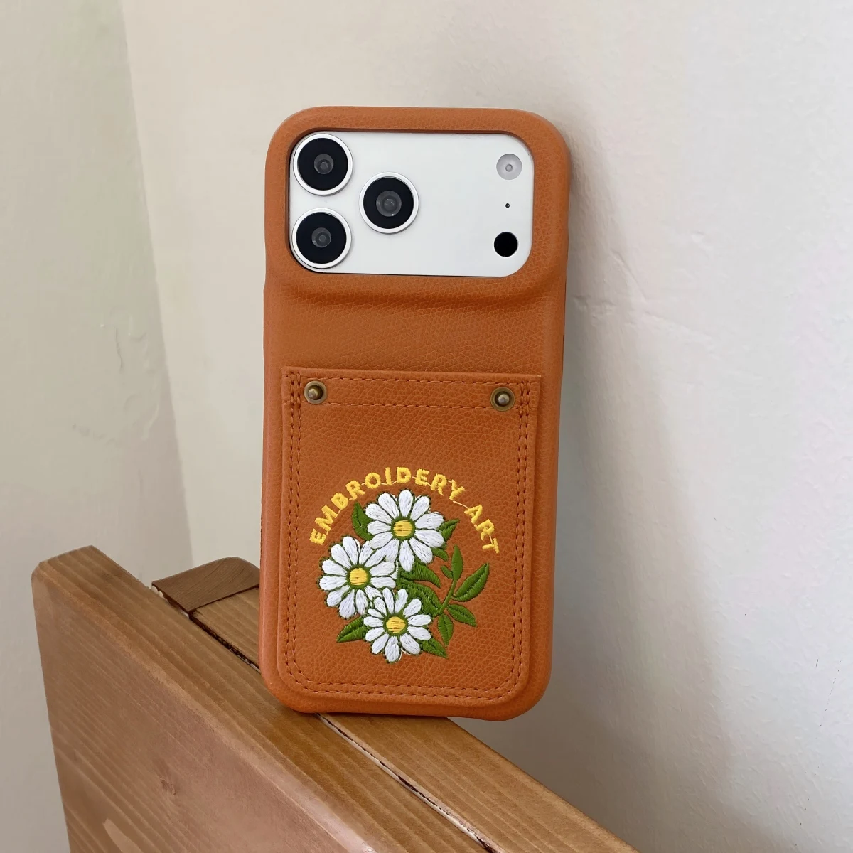PU Leather Phone Case with Card Pocket and Embroidery - Simple Half-Wrapped Shockproof Design