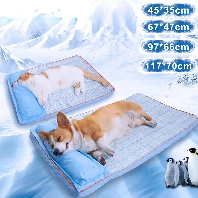 Memory Sponge pet Ice Silk pad with pillow, breathable, waterproof, removable wash, cool, summer sleeping cats and dogs cooling