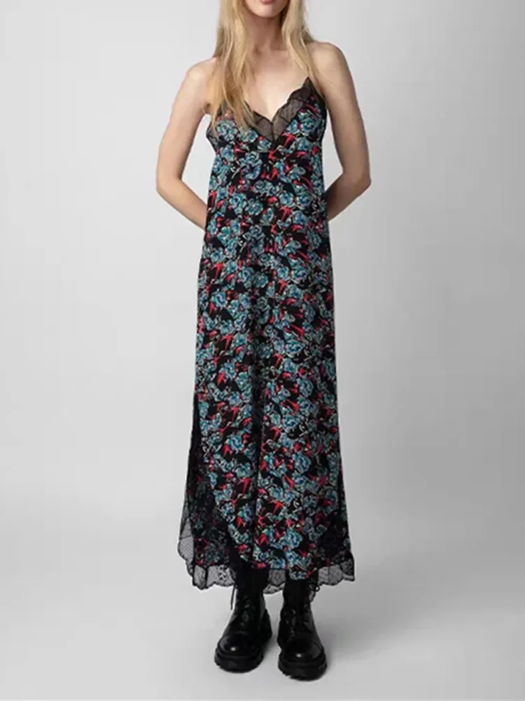 

Women Floral Printed Robe Lace Stitching V-Neck Sleeveless Slit Sexy 100% Silk Maxi Sling Dress