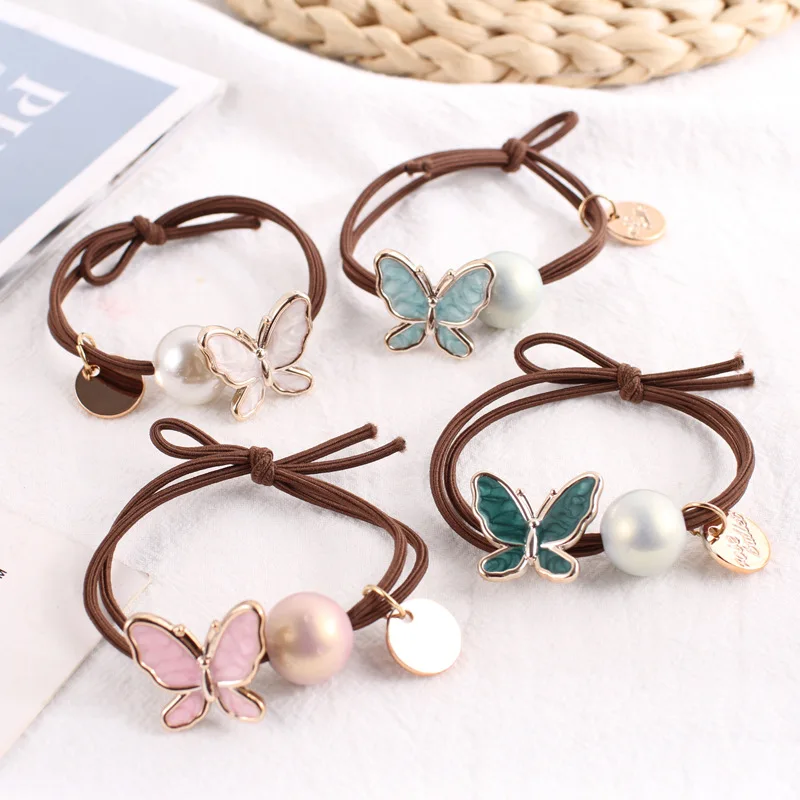 

New Design Imitation Pearl Hair Ties Elegant Butterfly Hair Rope For Women Girls Sweet Rubber Bands Elastic Scrunchies