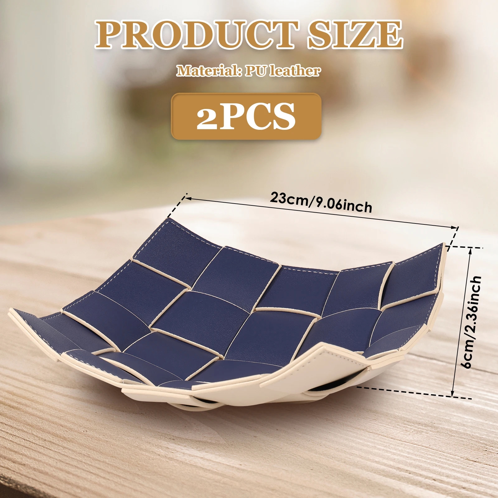 2 Pcs Valet Tray PU Leather Key Bowl Reversible Phone Wallet Coin Desktop Storage Tray Organizer Square Weave Nightstand