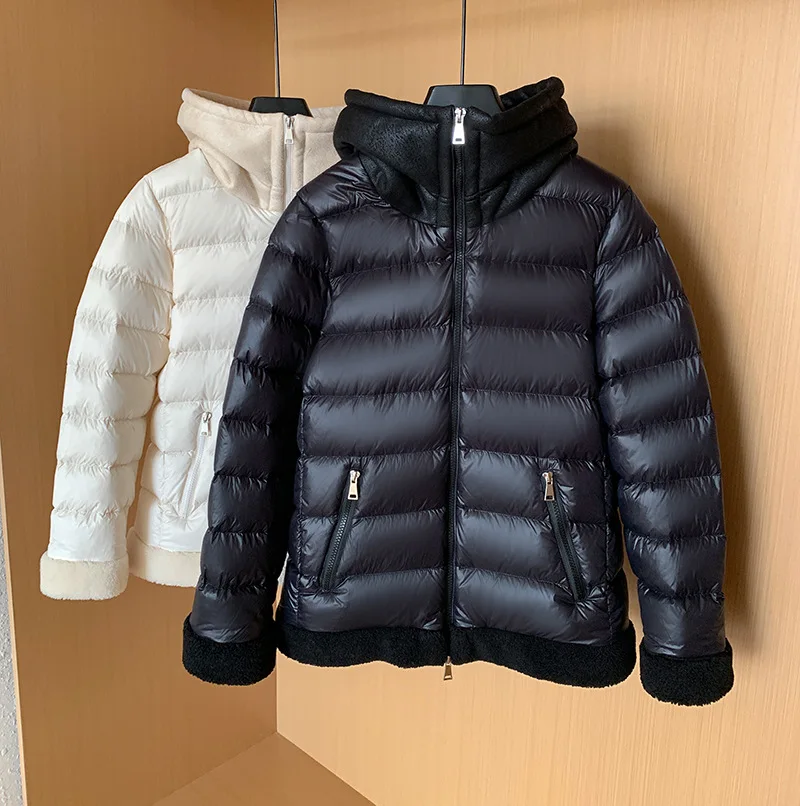 

Winter New Luxury Lamb Wool Short 90% White Duck Down Jacket Women Hooded Causal Windproof Puffer Coat Thick Warm Parkas Outwear