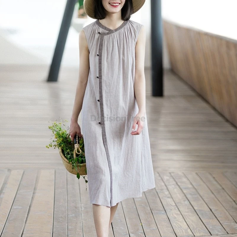 loose leisure sleeveless cotton linen robe chinese style literature art zen robe simple vintage trendy daily women dress