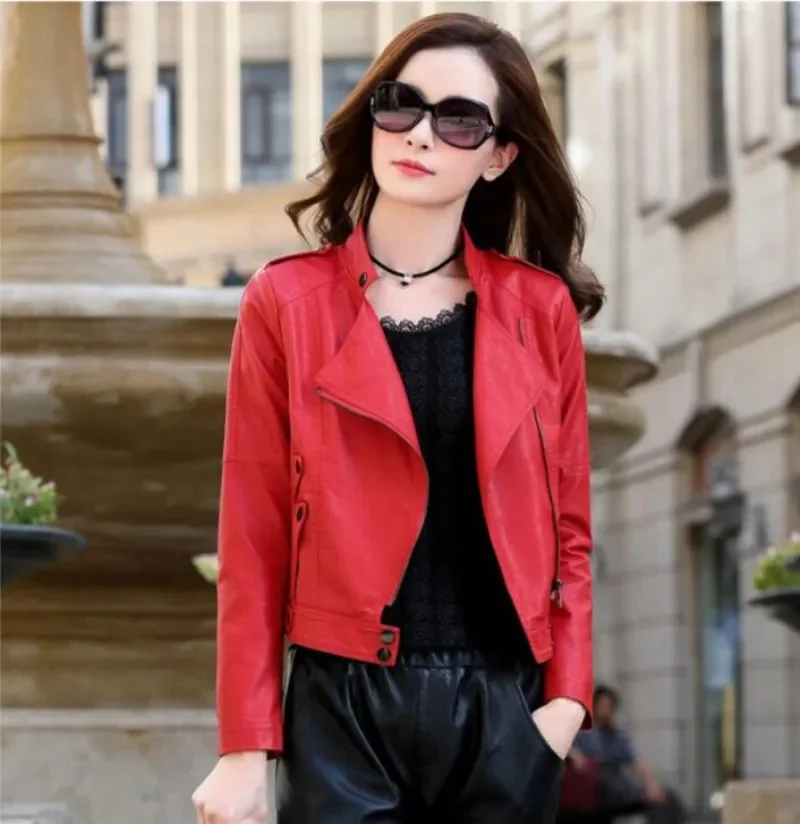 

New Women Leather Jacket Spring Autumn 2023 Fashion Moto&Biker Style Outerwear Stand Collar Short Coat