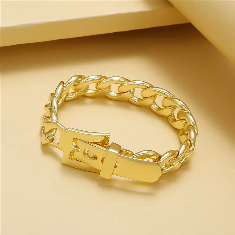 

Simple Personality Hiphop Thick Chain Watchband Buckle Bracelet Cool Niche Design Sense Gold and Silver Couple Bracelet