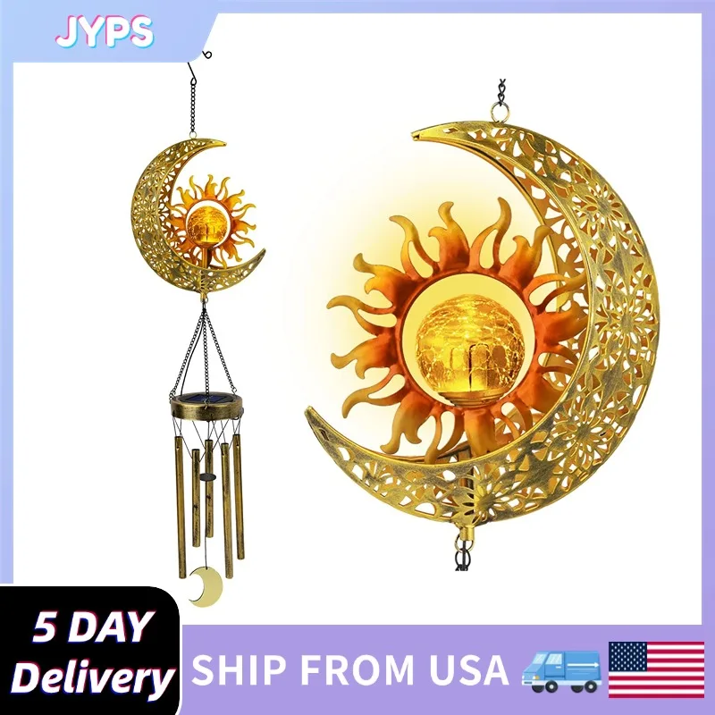 Jyps Sun Moon Solar Wind Chimes for Outside Crackle Glass Ball Waterproof Wind Chimes Garden Decor Birthday Gift