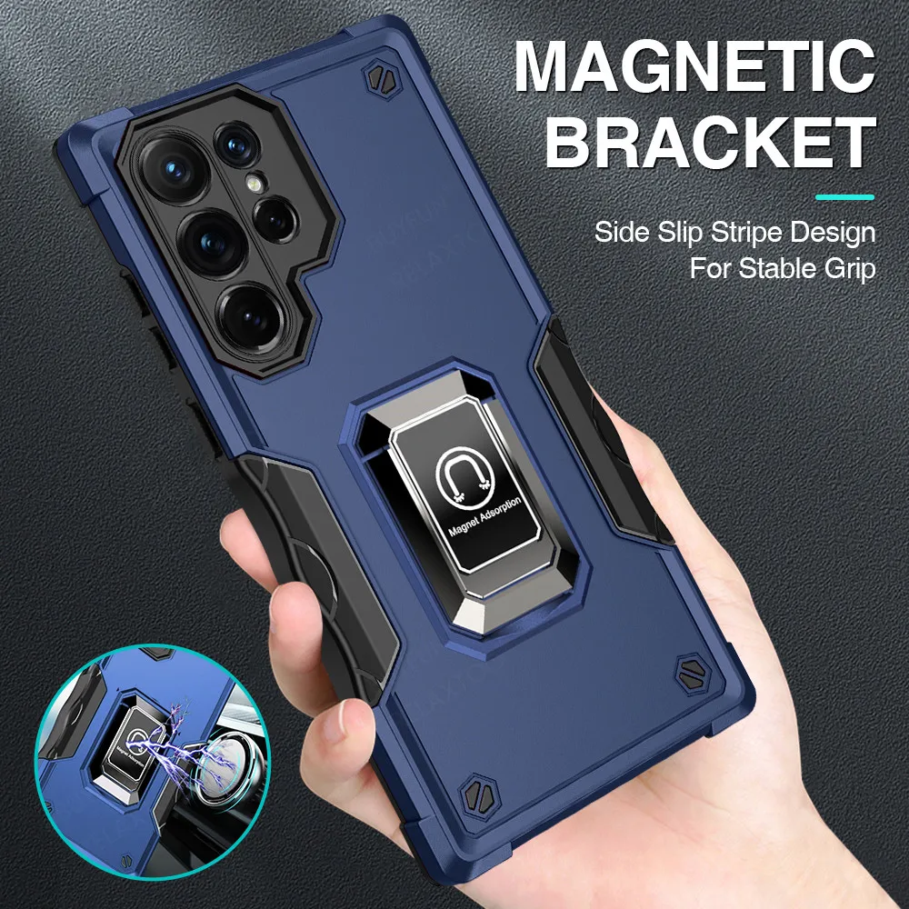 Magnetyczny Uchwyt Samochodowy Odporny Na Wstrząsy Futerał Na Zbroję Do Samsung Galaxy S22 Ultra S21 Plus S20 Fe S 22 21 Twardy Stojak Ochronny