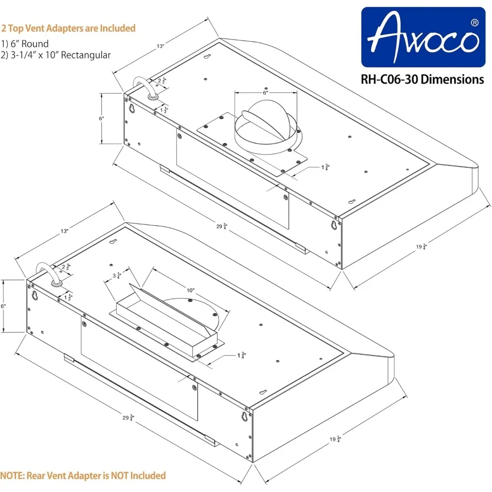 RH-C06-30 Classic 6" High Stainless Steel Under Cabinet 4 Speeds 900CFM Range Hood with 2 LED