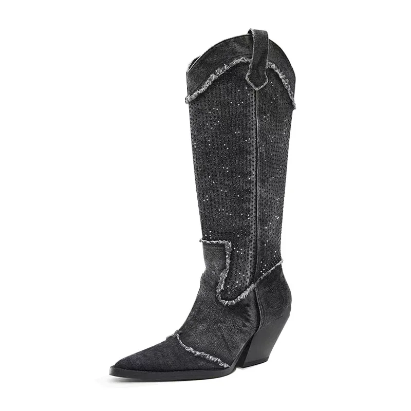 

Arden Furtado 2023 Autumn Woman's Knee high boots Denim Pointed toe Patchwork Slip-on Super high heel Crystal Modern boots