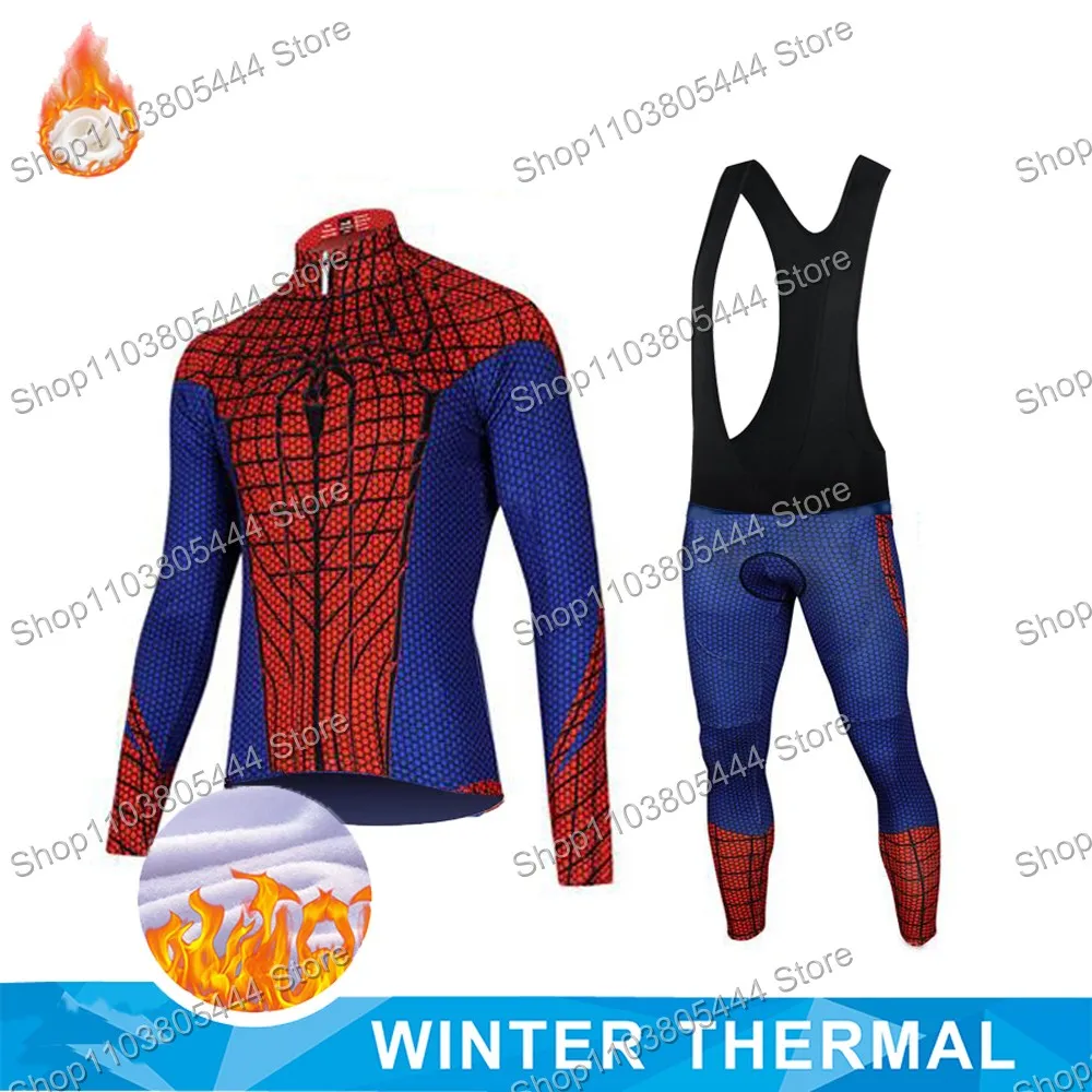 Super Hero Iron Anime Comics Cycling Jersey Set Winter Thermal Fleece Clothing Long Sleeve Bike Pant Bib Bicycle Suit MTB Outfit
