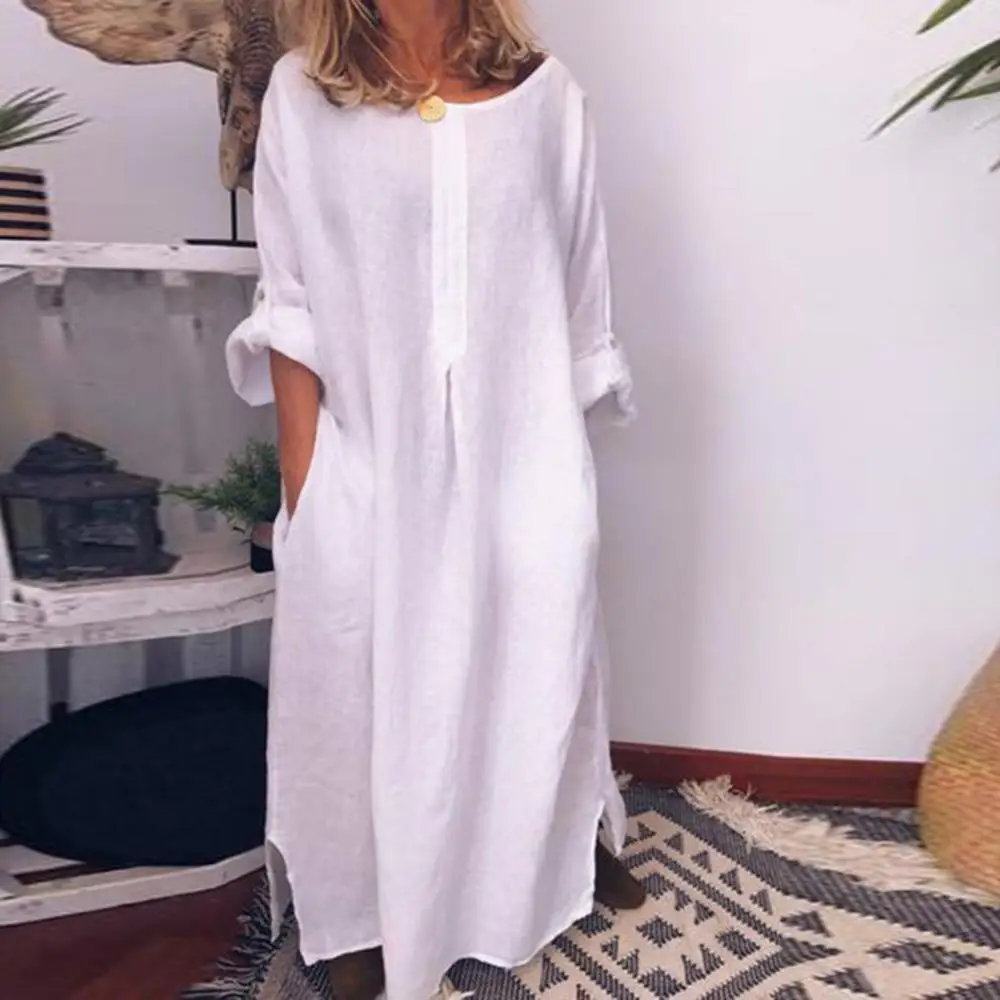 vestido maxi sukienki na lato Casual Women Solid Color Cotton Long Shirt Kaftan Dress Loose Long