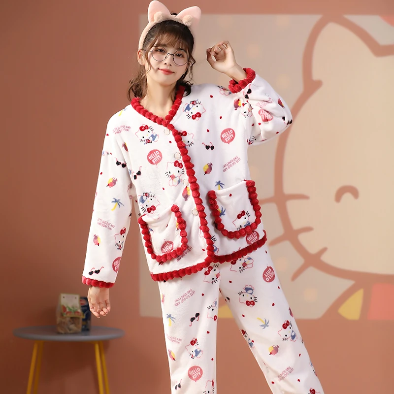 

Женская зимняя теплая Фланелевая пижама Kawaii KT Cat мягкий коралловый бархат комплект из двух частей утепленная теплая Пижама домашняя одежда
